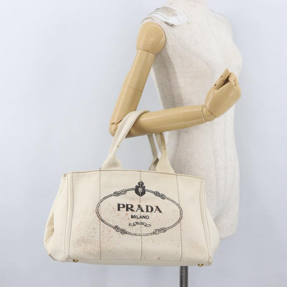 PRADA Canapa MM Hand Bag Denim White Gold Auth BSZ344