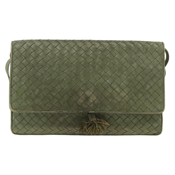 BOTTEGA VENETA INTRECCIATO Shoulder Bag Leather Khaki Gold Auth BSZ346