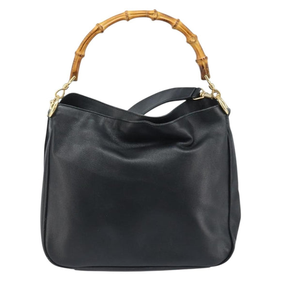 GUCCI Bamboo Hand Bag Leather 2way Black Gold 001 1638 Auth BSZ349