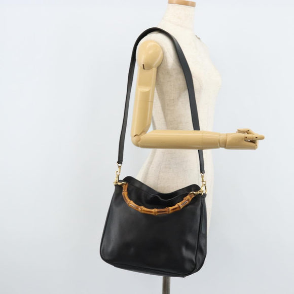 GUCCI Bamboo Hand Bag Leather 2way Black Gold 001 1638 Auth BSZ349