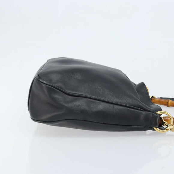 GUCCI Bamboo Hand Bag Leather 2way Black Gold 001 1638 Auth BSZ349
