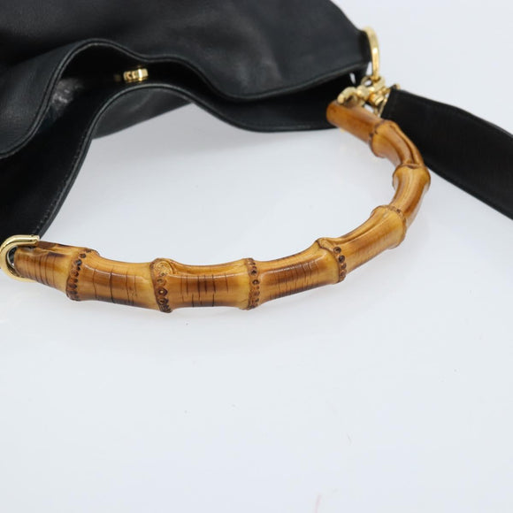 GUCCI Bamboo Hand Bag Leather 2way Black Gold 001 1638 Auth BSZ349