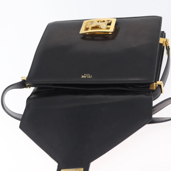 CELINE Schoudertas met paardenkoets Leer Zwart Goud Auth BSZ366