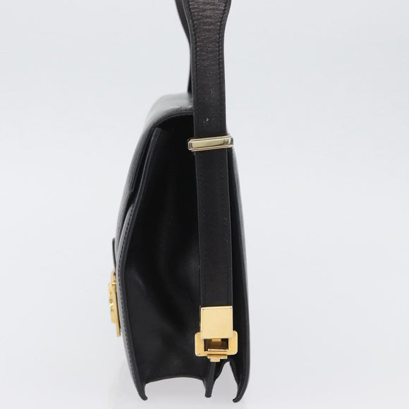 CELINE Schoudertas met paardenkoets Leer Zwart Goud Auth BSZ366