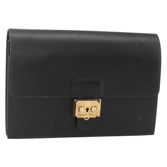 HERMES Pochette jet Clutch Bag Leather Black Gold Auth BSZ371