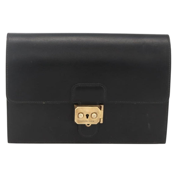 HERMES Pochette jet Clutch Bag Leather Black Gold Auth BSZ371