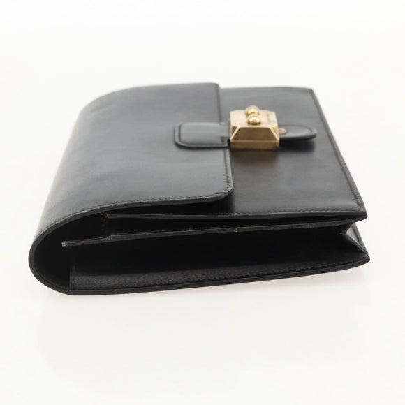 HERMES Pochette jet Clutch Bag Leather Black Gold Auth BSZ371