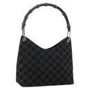 GUCCI GG Canvas Bamboo Shoulder Bag Suede Black Silver 001 3008 Auth BSZ373-1