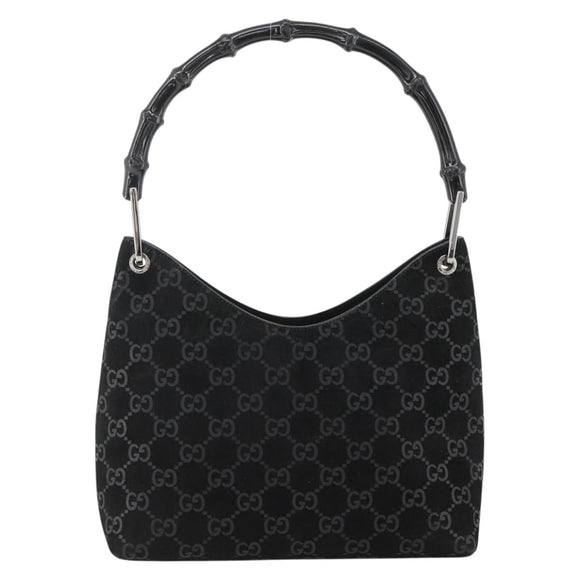 GUCCI GG Canvas Bamboo Shoulder Bag Suede Black Silver 001 3008 Auth BSZ373