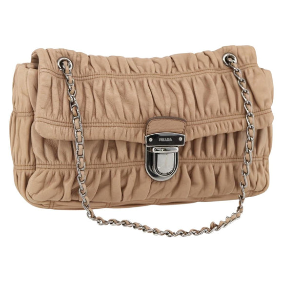PRADA Schultertasche Kette Leder Beige Silber Original BSZ397