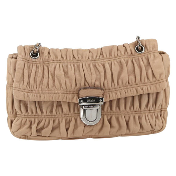 PRADA Schultertasche Kette Leder Beige Silber Original BSZ397