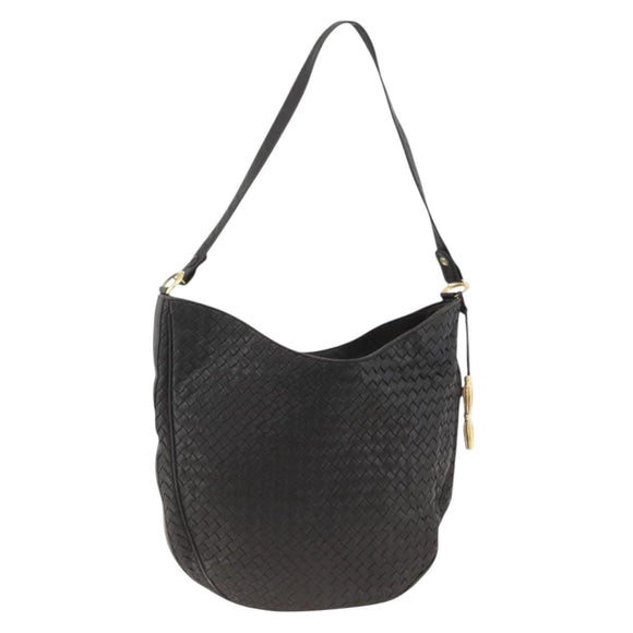 BOTTEGA VENETA INTRECCIATO Shoulder Bag Leather Black Gold Auth BSZ399