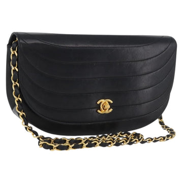 CHANEL Half Moon Chain Shoulder Bag Lamb Skin Black Gold CC Auth BSZ402