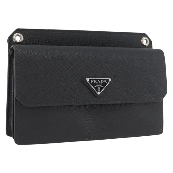 PRADA Pouch Safiano leather Black Silver Auth BSZ405
