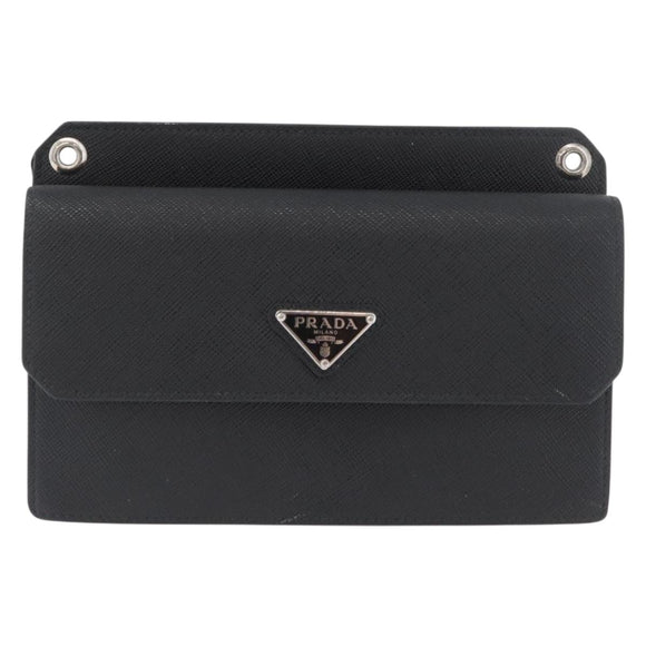PRADA Pouch Safiano leather Black Silver Auth BSZ405