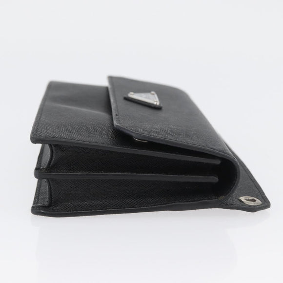PRADA Pouch Safiano leather Black Silver Auth BSZ405