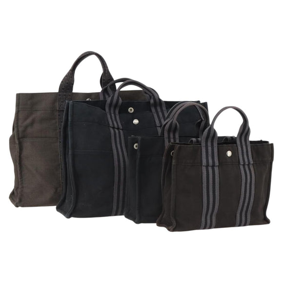 HERMES Tote Bag Canvas 4 Set Gray Black Brown Auth BSZ435