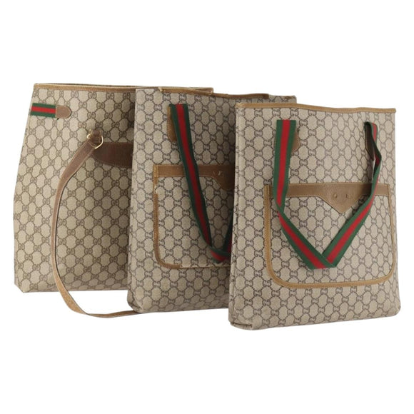 GUCCI GG Plus Supreme Web Sherry Line Tote Bag PVC 3-delig Beige Rood Auth BSZ437