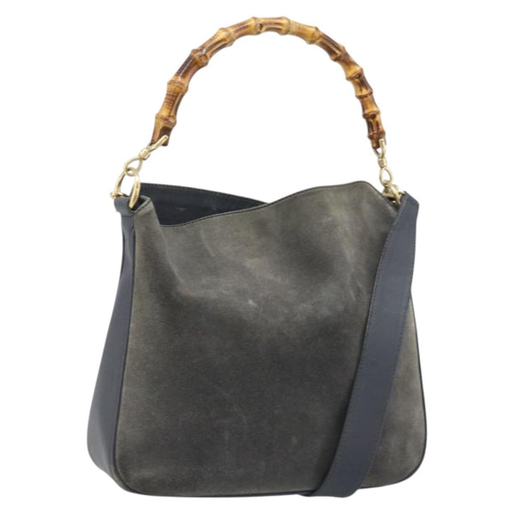 GUCCI Bamboo Hand Bag Leather 2way Black Gold 001 1705 1638 Auth BSZ495