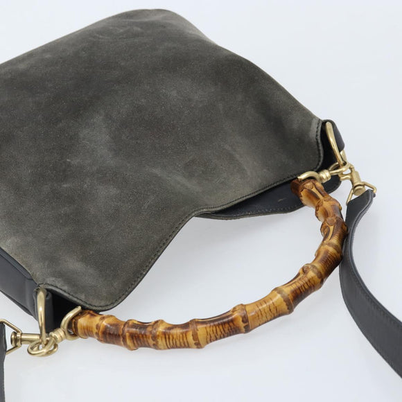 GUCCI Bamboo Hand Bag Leather 2way Black Gold 001 1705 1638 Auth BSZ495