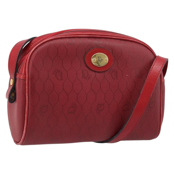 Christian Dior Honeycomb Canvas Shoulder Bag PVC Red Gold Auth BSZ497