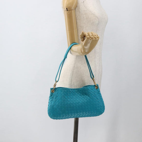 BOTTEGA VENETA INTRECCIATO Shoulder Bag Leather Turquoise Blue Gold Auth BSZ499A