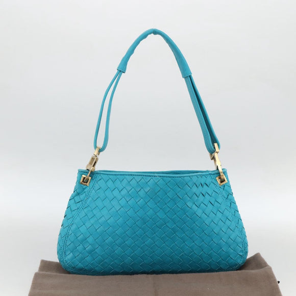 BOTTEGA VENETA INTRECCIATO Shoulder Bag Leather Turquoise Blue Gold Auth BSZ499A