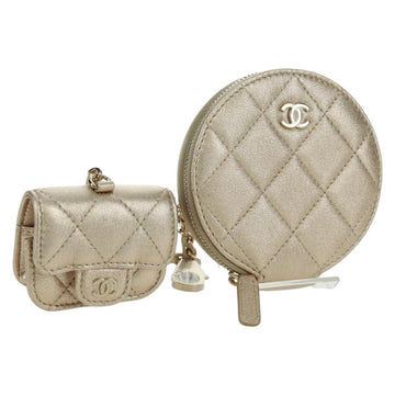 CHANEL Matelasse Air Pods Case & Coin Purse Lamb Skin Gold CC Auth BSZ503SAM
