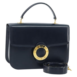 CELINE Circle Hand Bag Leather 2way Navy Gold Auth BSZ536A