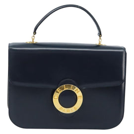 CELINE Circle Hand Bag Leather 2way Navy Gold Auth BSZ536A - 0