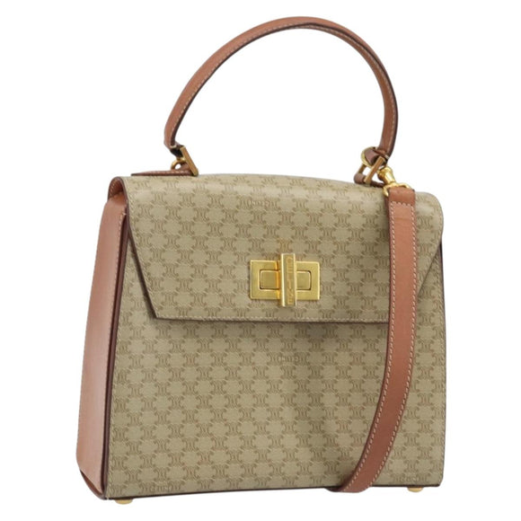 CELINE Macadam Canvas Handtasche PVC 2-Wege Beige Gold Auth BSZ537A