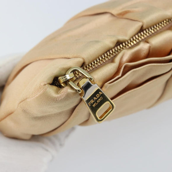 PRADA Ribbon Pouch Satin Beige Gold Auth BSZ565