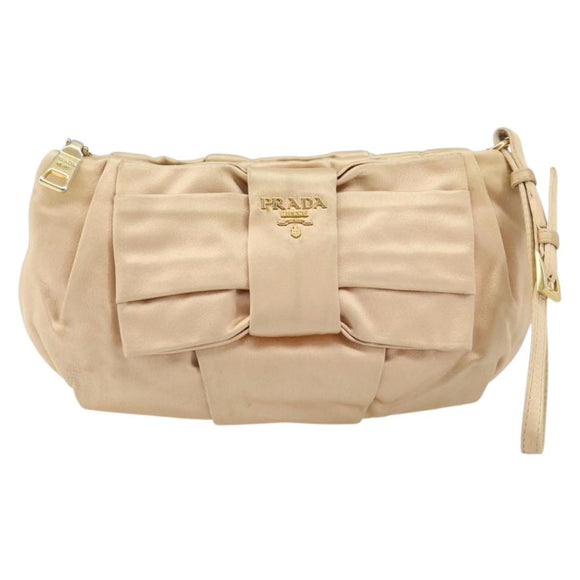 PRADA Ribbon Pouch Satin Beige Gold Auth BSZ565