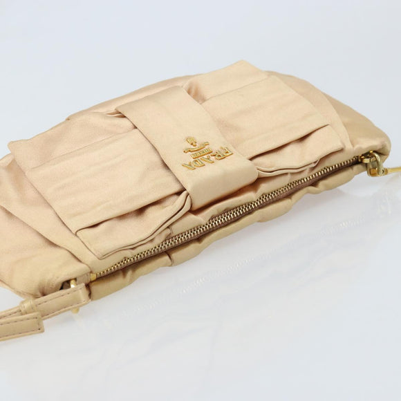 PRADA Ribbon Pouch Satin Beige Gold Auth BSZ565