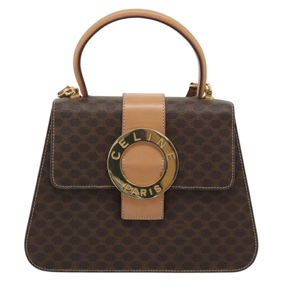 CELINE Macadam Canvas Circle Hand Bag PVC Leather 2way Brown Gold Auth BSZ648V