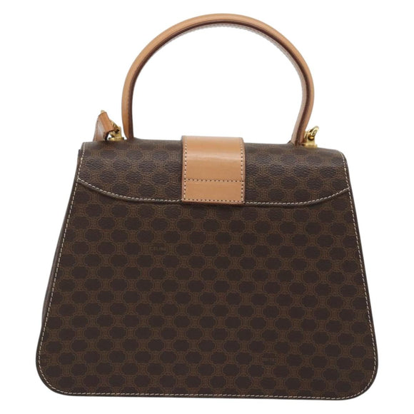 CELINE Macadam Canvas Circle Hand Bag PVC Leather 2way Brown Gold Auth BSZ648V