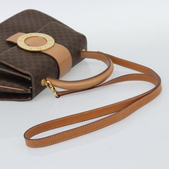 CELINE Macadam Canvas Circle Hand Bag PVC Leather 2way Brown Gold Auth BSZ648V