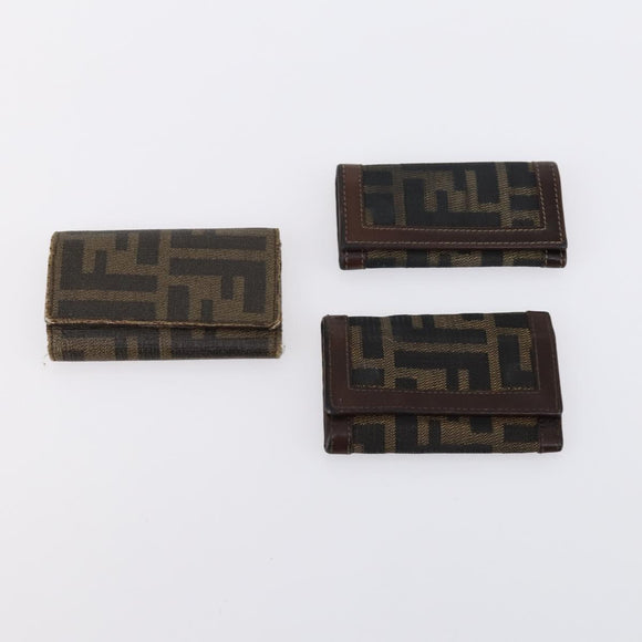 FENDI Zucchino Key Case Leather Canvas PVC 10set Brown Black Auth CB113