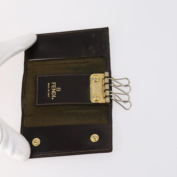 FENDI Zucchino Key Case Leather Canvas PVC 10set Brown Black Auth CB113