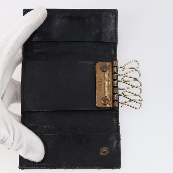 FENDI Zucchino Key Case Leather Canvas PVC 10set Brown Black Auth CB113