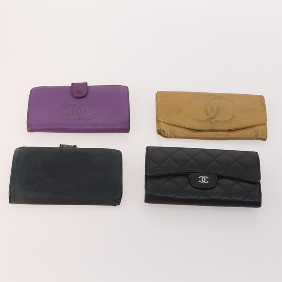 CHANEL Wallet Caviar Skin 10 Set Black Beige purple CC Auth CB156