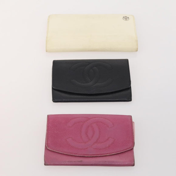 CHANEL Wallet Caviar Skin 10 Set Black White pink CC Auth CB170