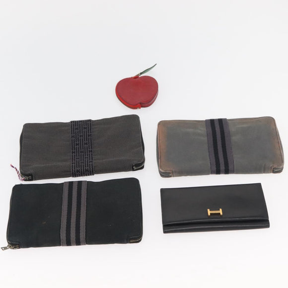 HERMES Wallet Canvas Leather 10 Set Black Gray Red Auth CB242