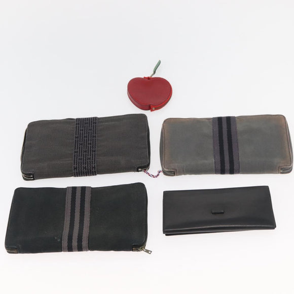 HERMES Wallet Canvas Leather 10 Set Black Gray Red Auth CB242