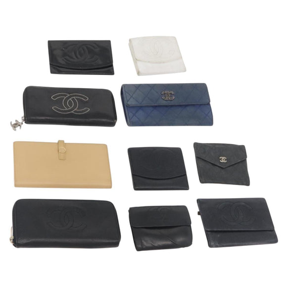 CHANEL Wallet Lamb Skin 10 Set Black White beige CC Auth CB256