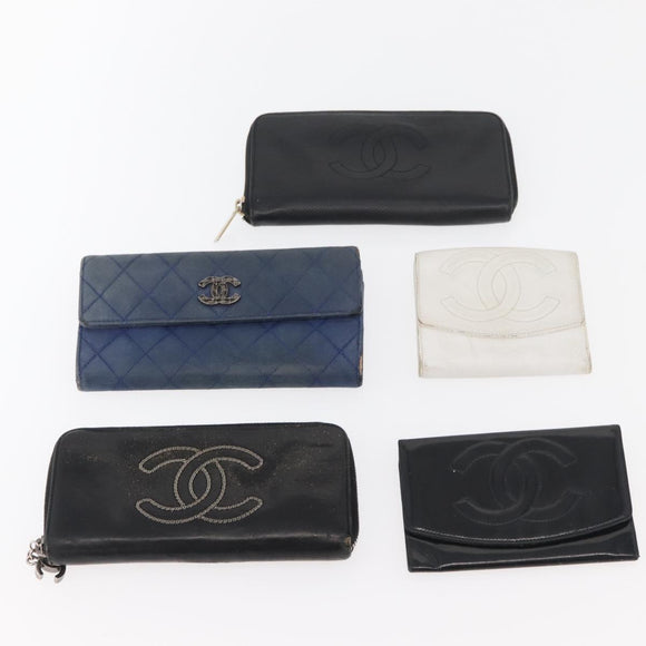CHANEL Wallet Lamb Skin 10 Set Black White beige CC Auth CB256
