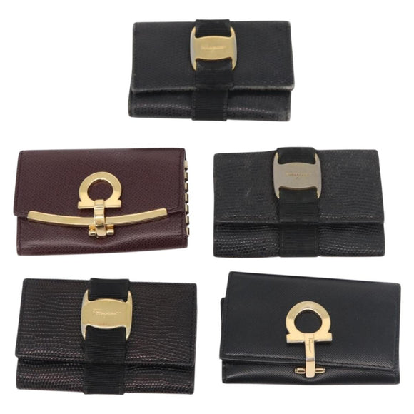 Salvatore Ferragamo Key Case Leather 10 Set Black Red Brown Auth CB271