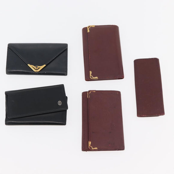 CARTIER Key Case Leather 10 Set Black Bordeaux Auth CB272