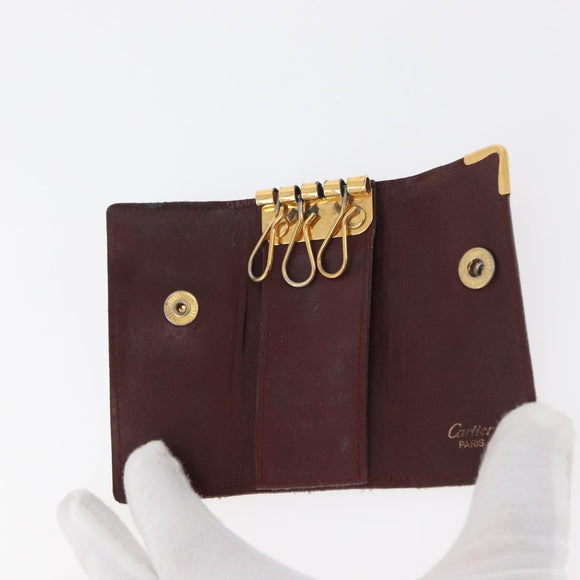 CARTIER Key Case Leather 10 Set Black Bordeaux Auth CB272