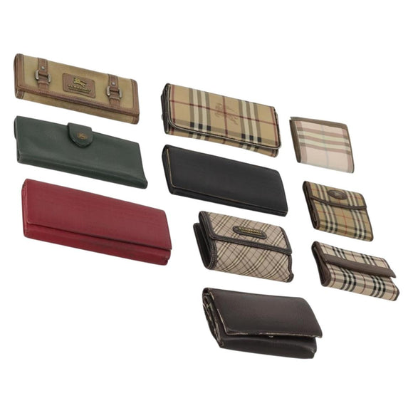 BURBERRY Nova Check Wallet Canvas Leather 10 Set Red Beige Green Auth CB295